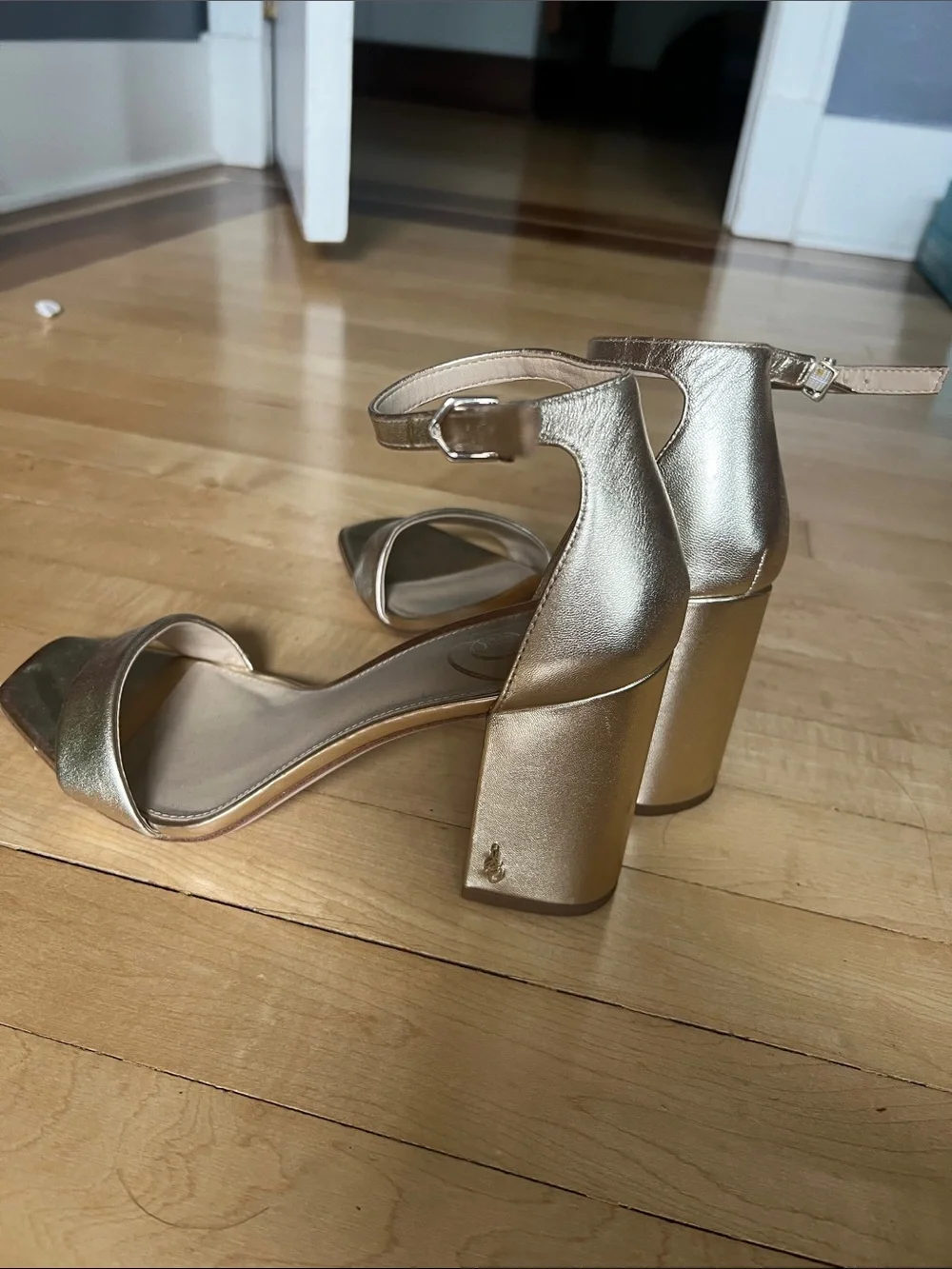 Sam Edelman Metallic Rose Gold Block Heel Ankle-Strap Sandals
